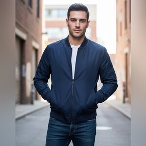 Michael Kors dark blue spring/fall lined jacket, neck/cuff/hem elastic, zipper M